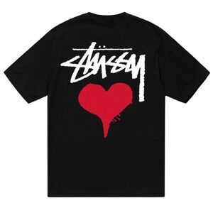 Stussy Heart Logo Tee Black Red Heart Graphic T-Shirt Size Small NWT